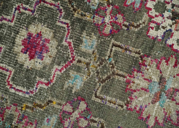 Antique Moss Green 5x8 Hand Knotted Beige and Pink Persian made of Bamboo Silk Area Rug | OP70 - The Rug Decor