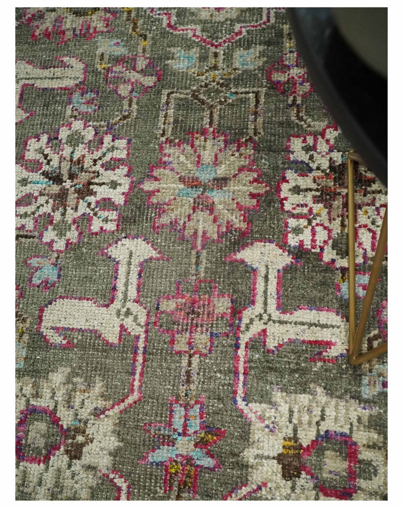 Antique Moss Green 5x8 Hand Knotted Beige and Pink Persian made of Bamboo Silk Area Rug | OP70 - The Rug Decor