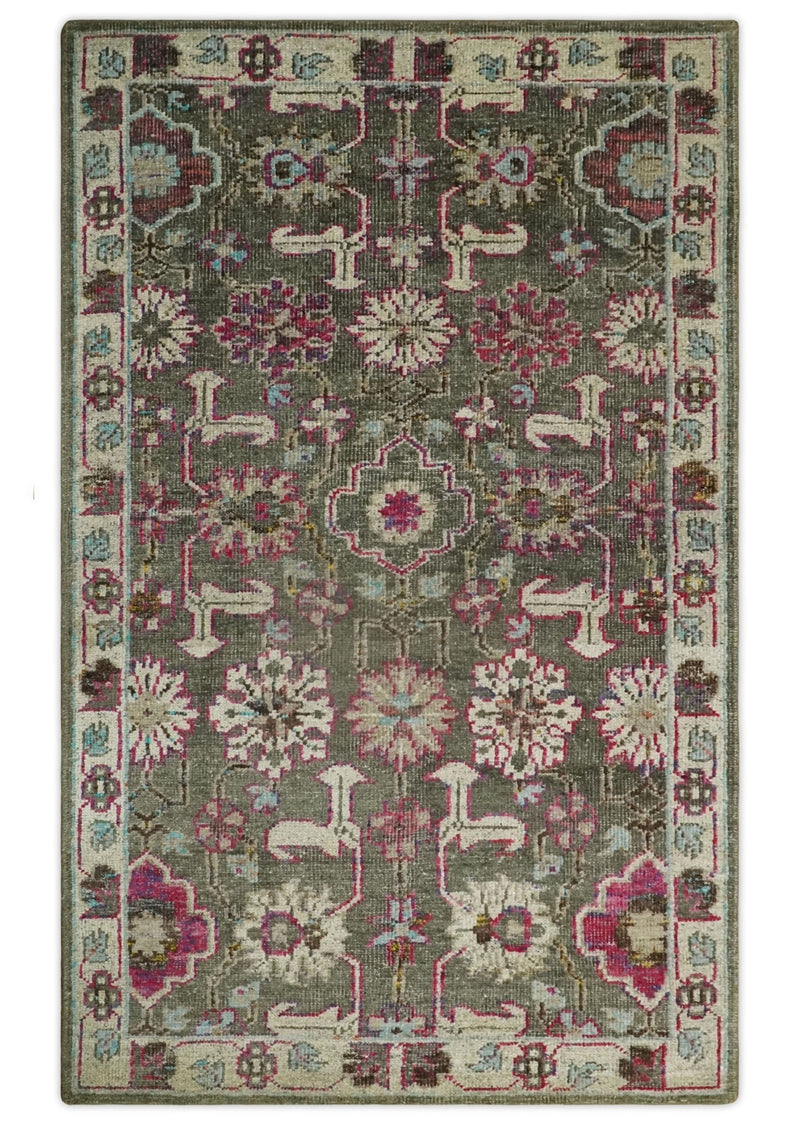 Antique Moss Green 5x8 Hand Knotted Beige and Pink Persian made of Bamboo Silk Area Rug | OP70 - The Rug Decor