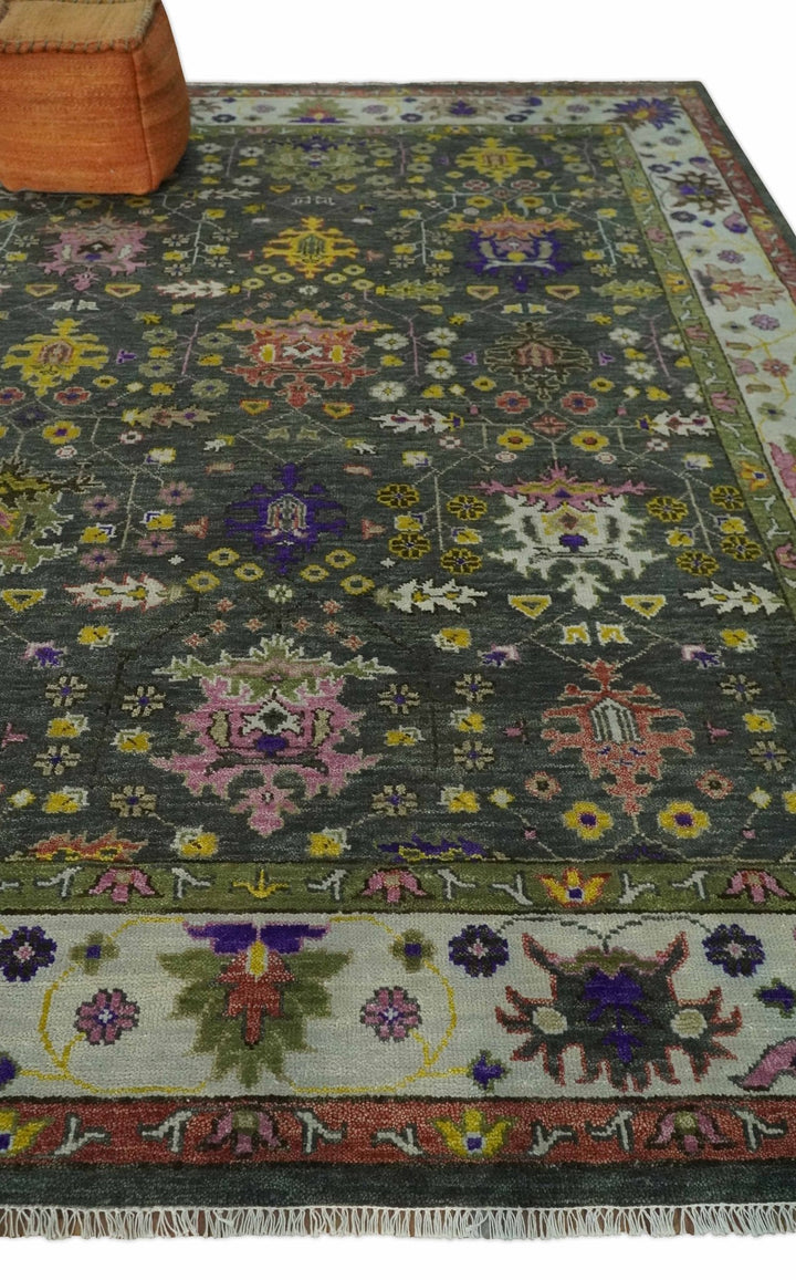 Antique Moss Hand Knotted 5x8, 6x9, 8x10, 9x12, 10x14 and 12x15 Charcoal, Ivory and Green Traditional Persian Oushak Wool Rug | TRDCP918912 - The Rug Decor