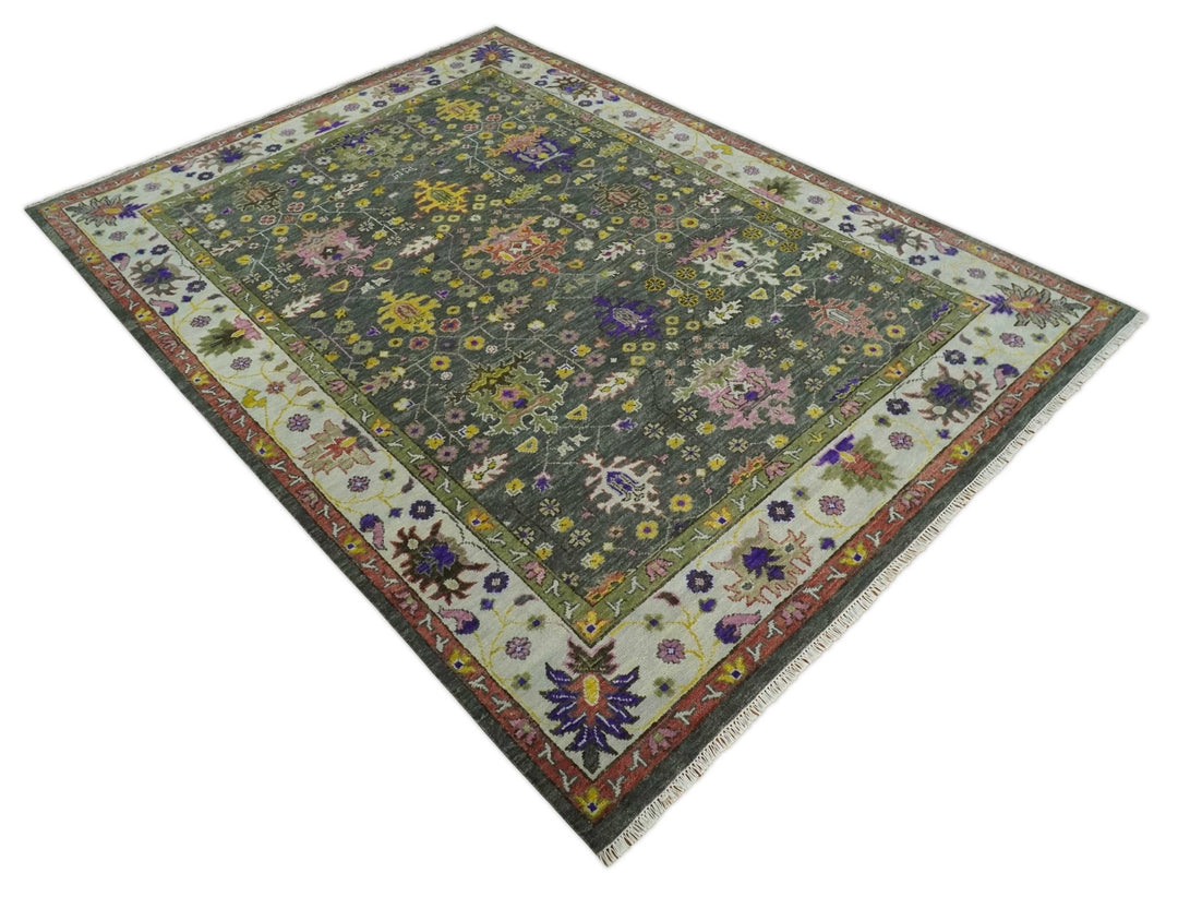 Antique Moss Hand Knotted 5x8, 6x9, 8x10, 9x12, 10x14 and 12x15 Charcoal, Ivory and Green Traditional Persian Oushak Wool Rug | TRDCP918912 - The Rug Decor