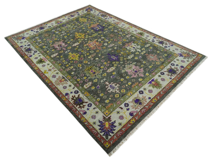 Antique Moss Hand Knotted 5x8, 6x9, 8x10, 9x12, 10x14 and 12x15 Charcoal, Ivory and Green Traditional Persian Oushak Wool Rug | TRDCP918912 - The Rug Decor