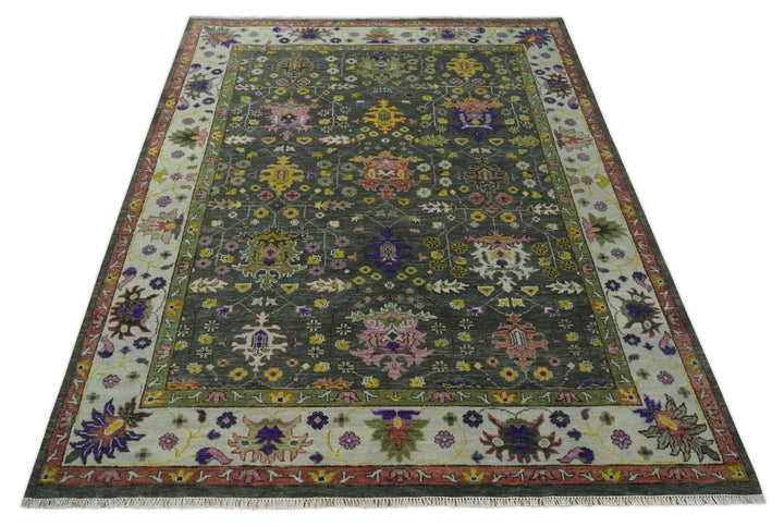 Antique Moss Hand Knotted 5x8, 6x9, 8x10, 9x12, 10x14 and 12x15 Charcoal, Ivory and Green Traditional Persian Oushak Wool Rug | TRDCP918912 - The Rug Decor
