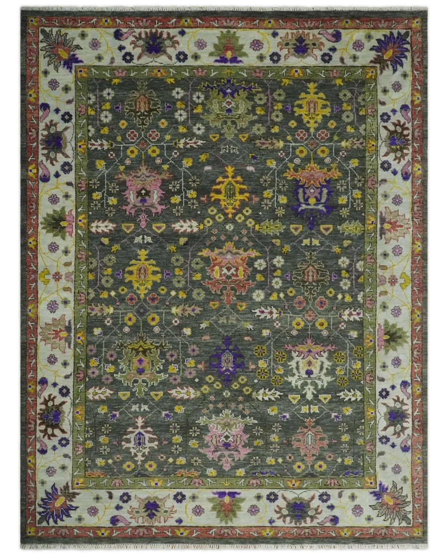 Antique Moss Hand Knotted 5x8, 6x9, 8x10, 9x12, 10x14 and 12x15 Charcoal, Ivory and Green Traditional Persian Oushak Wool Rug | TRDCP918912 - The Rug Decor