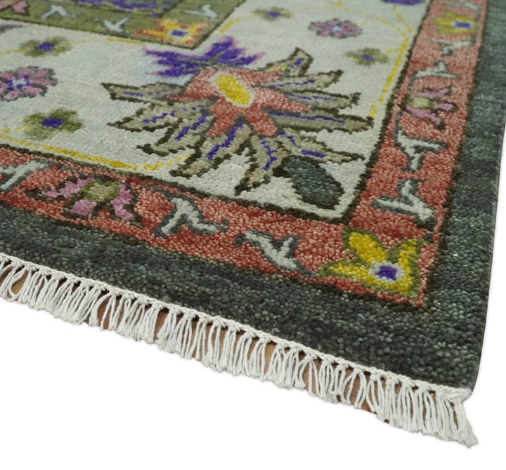 Antique Moss Hand Knotted 5x8, 6x9, 8x10, 9x12, 10x14 and 12x15 Charcoal, Ivory and Green Traditional Persian Oushak Wool Rug | TRDCP918912 - The Rug Decor