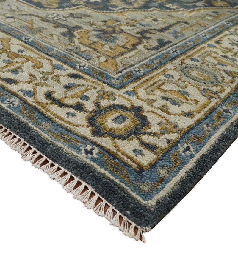 Antique Muted Wool Traditional Blue ,Beige and Brown Hand knotted Persian Serapi Area Rug | TRDCP718 - The Rug Decor