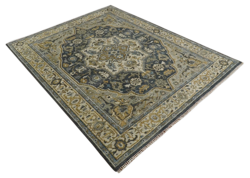 Antique Muted Wool Traditional Blue ,Beige and Brown Hand knotted Persian Serapi Area Rug | TRDCP718 - The Rug Decor