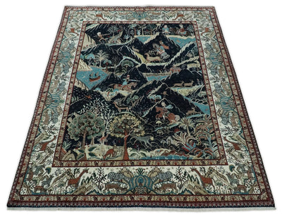 Antique Persian Animal Hunting Rug 8x10 Wool Black, Rust and Ivory Hand knotted Area Rug | TRDCP1291810 - The Rug Decor