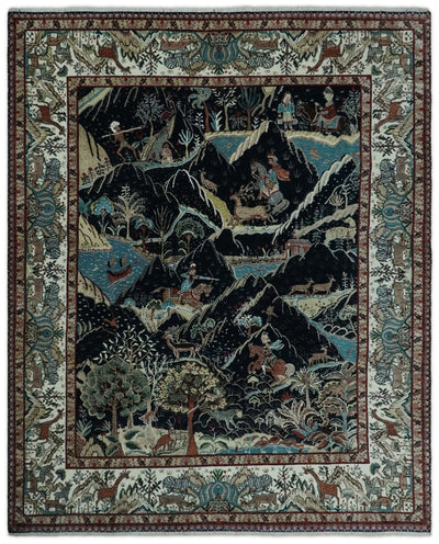 Antique Persian Animal Hunting Rug 8x10 Wool Black, Rust and Ivory Hand knotted Area Rug | TRDCP1291810 - The Rug Decor