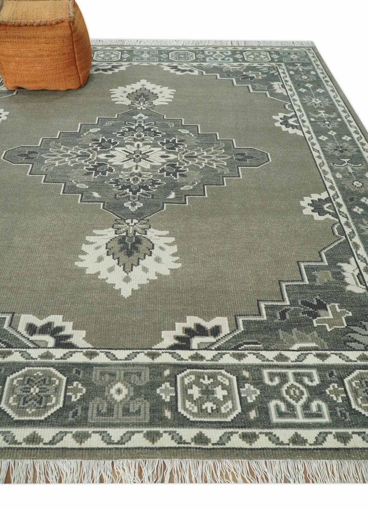 Antique Persian Earthy Sage Hand Knotted 8x10 Gray and Ivory Traditional Vintage Heriz Serapi Wool Rug | AC25810 - The Rug Decor