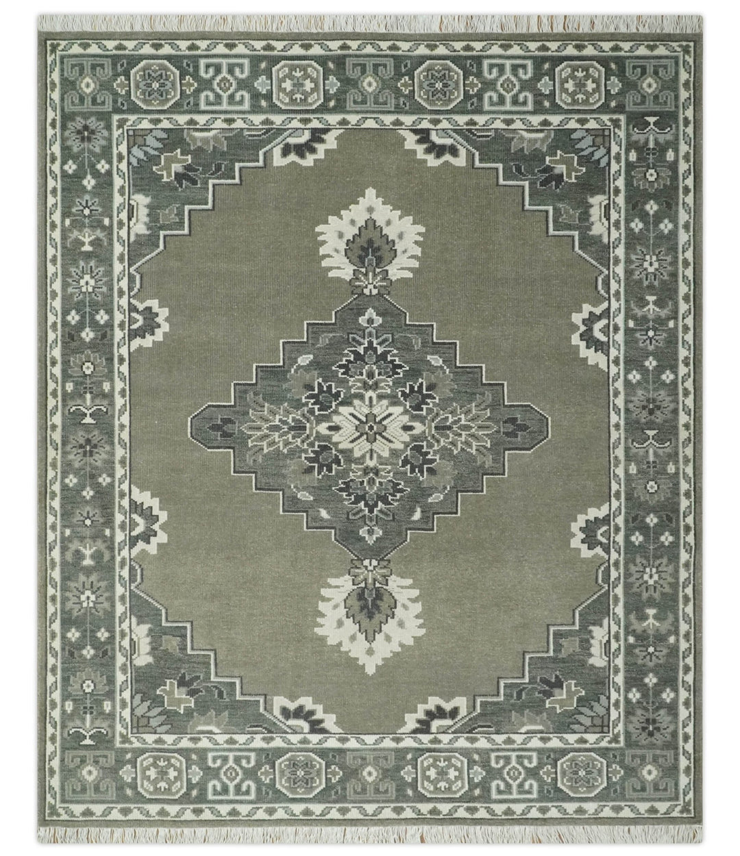 Antique Persian Earthy Sage Hand Knotted 8x10 Gray and Ivory Traditional Vintage Heriz Serapi Wool Rug | AC25810 - The Rug Decor
