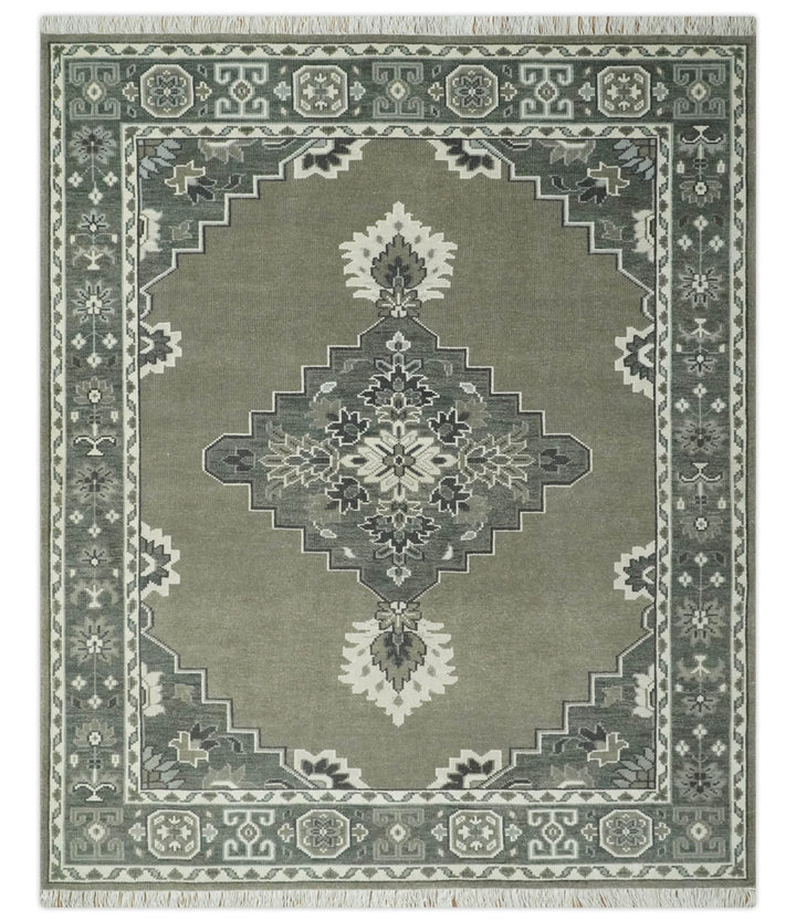 Antique Persian Earthy Sage Hand Knotted 8x10 Gray and Ivory Traditional Vintage Heriz Serapi Wool Rug | AC25810 - The Rug Decor