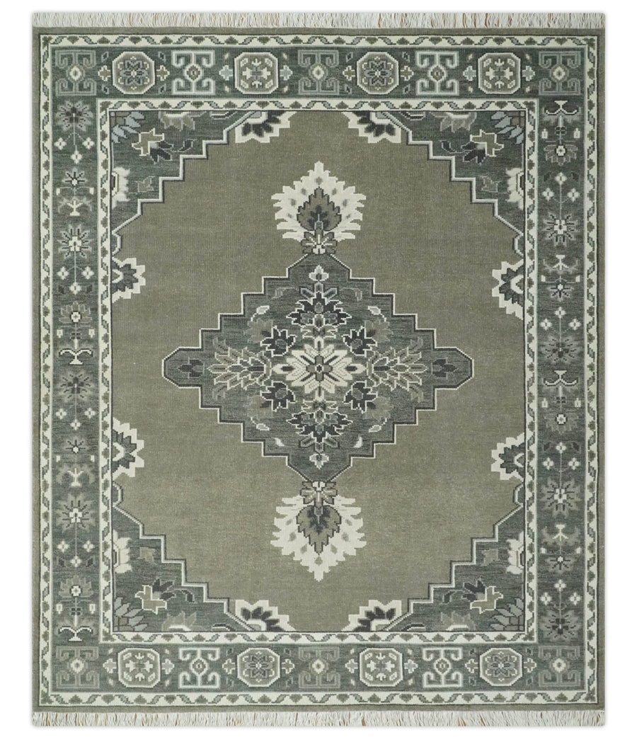 Antique Persian Earthy Sage Hand Knotted 8x10 Gray and Ivory Traditional Vintage Heriz Serapi Wool Rug | AC25810 - The Rug Decor