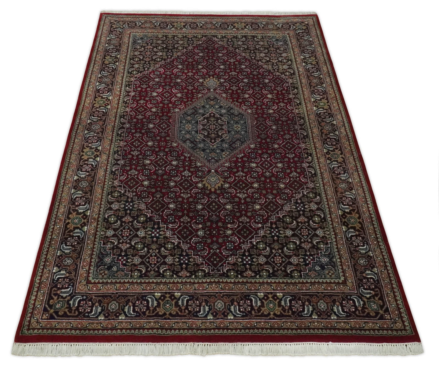 Antique Persian Hand Knotted Maroon, Black and Blue Traditional Medallion Wool Rug | KNT25 - The Rug Decor