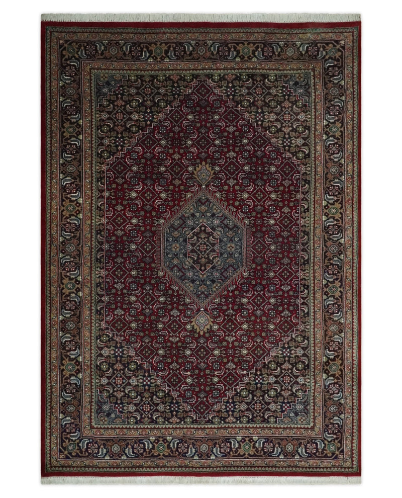 Antique Persian Hand Knotted Maroon, Black and Blue Traditional Medallion Wool Rug | KNT25 - The Rug Decor