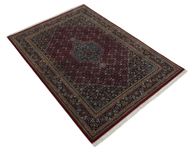 Antique Persian Hand Knotted Maroon, Black and Blue Traditional Medallion Wool Rug | KNT25 - The Rug Decor