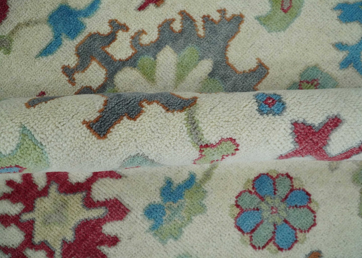 Antique Persian Oushak 8x10 Wool Ivory and Blue Vibrant Colorful Hand knotted Oushak Area Rug | TRDCP1289810 - The Rug Decor