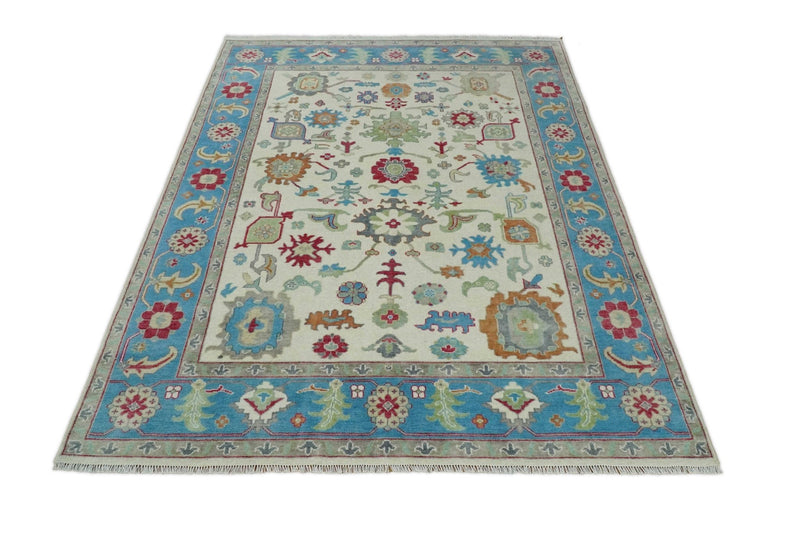 Antique Persian Oushak 8x10 Wool Ivory and Blue Vibrant Colorful Hand knotted Oushak Area Rug | TRDCP1289810 - The Rug Decor