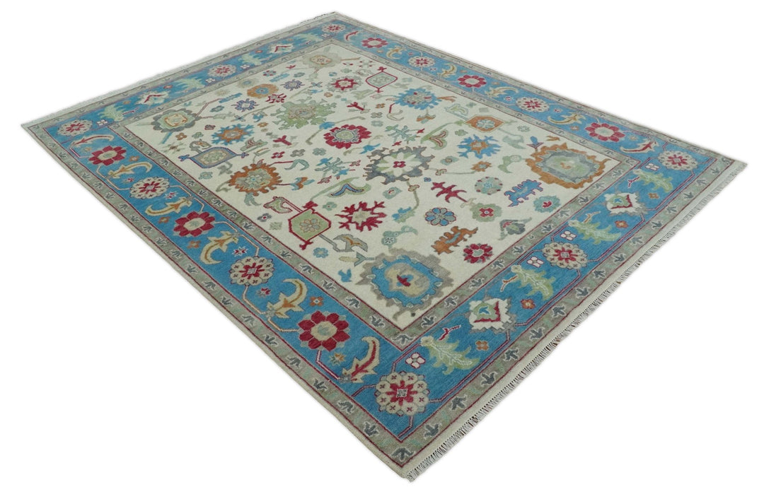 Antique Persian Oushak 8x10 Wool Ivory and Blue Vibrant Colorful Hand knotted Oushak Area Rug | TRDCP1289810 - The Rug Decor