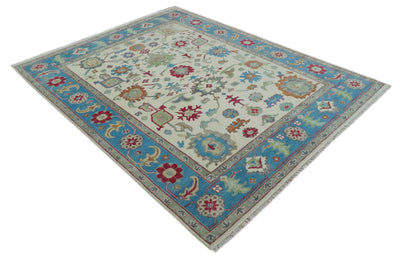 Antique Persian Oushak 8x10 Wool Ivory and Blue Vibrant Colorful Hand knotted Oushak Area Rug | TRDCP1289810 - The Rug Decor