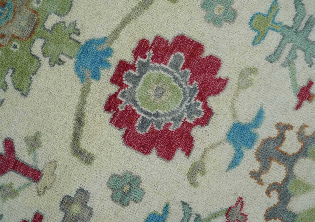 Antique Persian Oushak 8x10 Wool Ivory and Blue Vibrant Colorful Hand knotted Oushak Area Rug | TRDCP1289810 - The Rug Decor