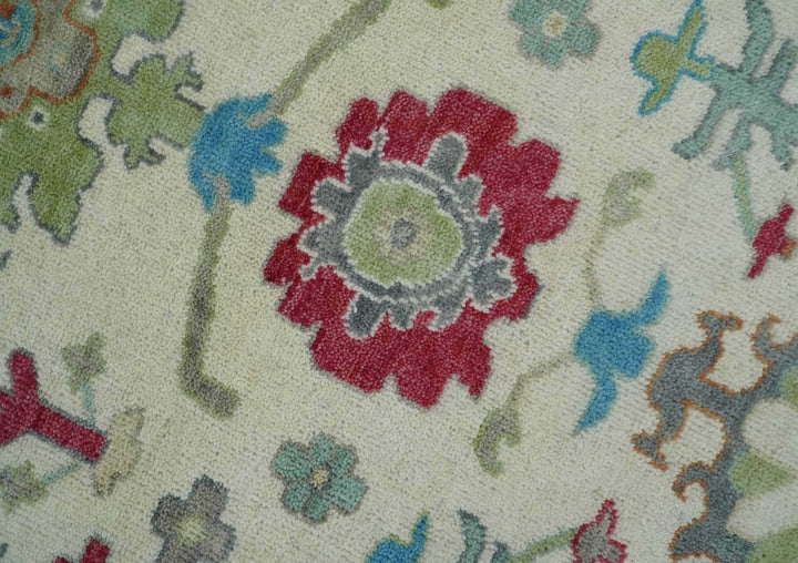 Antique Persian Oushak 8x10 Wool Ivory and Blue Vibrant Colorful Hand knotted Oushak Area Rug | TRDCP1289810 - The Rug Decor