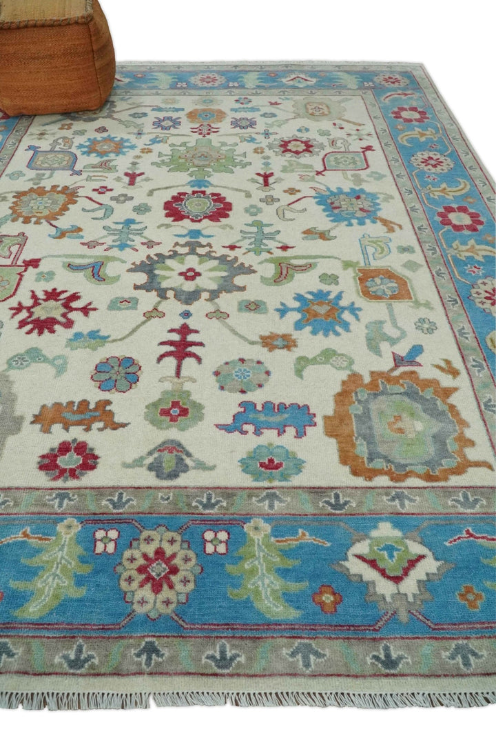 Antique Persian Oushak 8x10 Wool Ivory and Blue Vibrant Colorful Hand knotted Oushak Area Rug | TRDCP1289810 - The Rug Decor