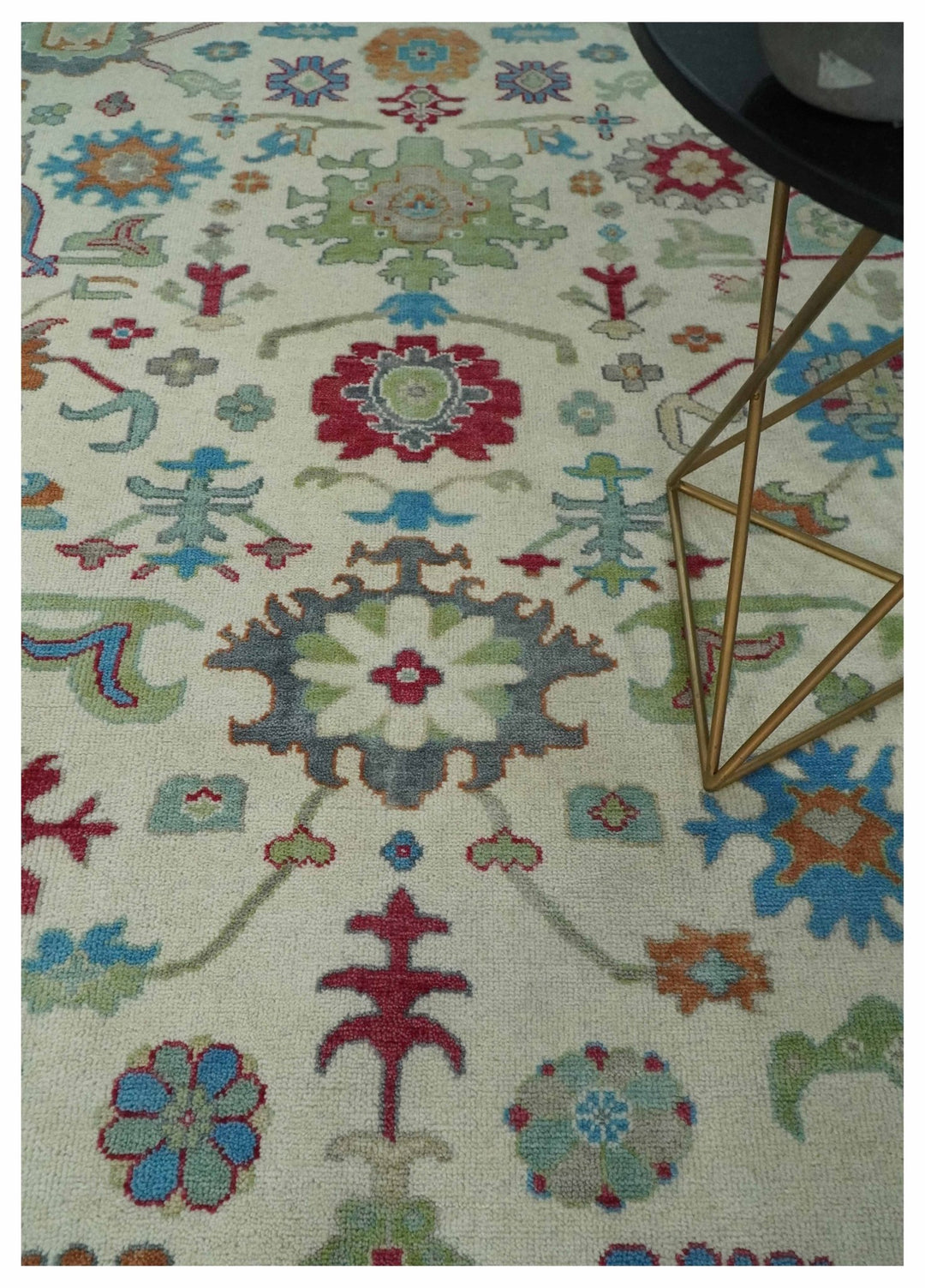 Antique Persian Oushak 8x10 Wool Ivory and Blue Vibrant Colorful Hand knotted Oushak Area Rug | TRDCP1289810 - The Rug Decor