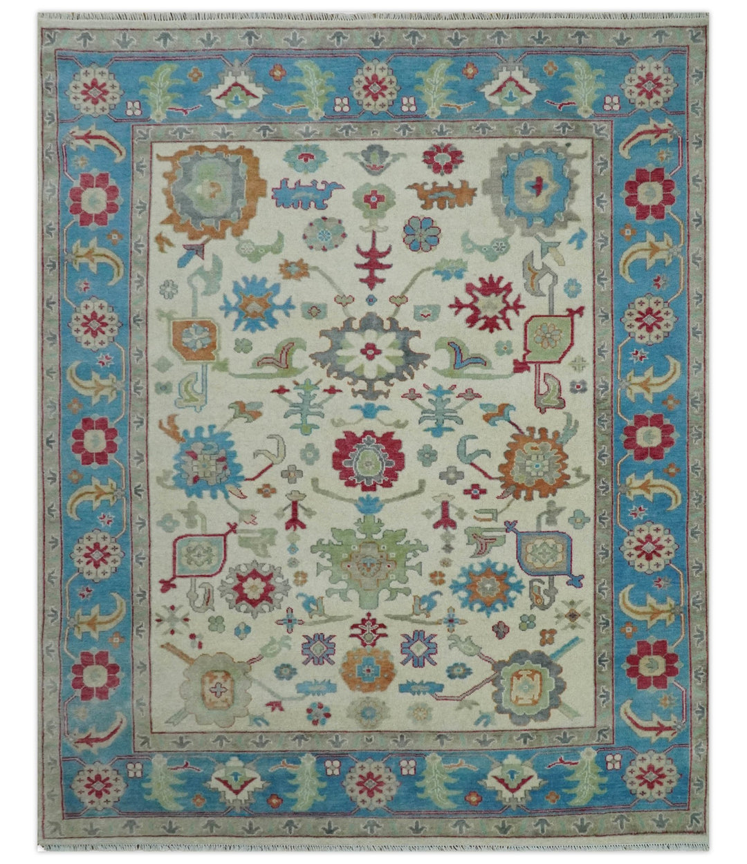 Antique Persian Oushak 8x10 Wool Ivory and Blue Vibrant Colorful Hand knotted Oushak Area Rug | TRDCP1289810 - The Rug Decor
