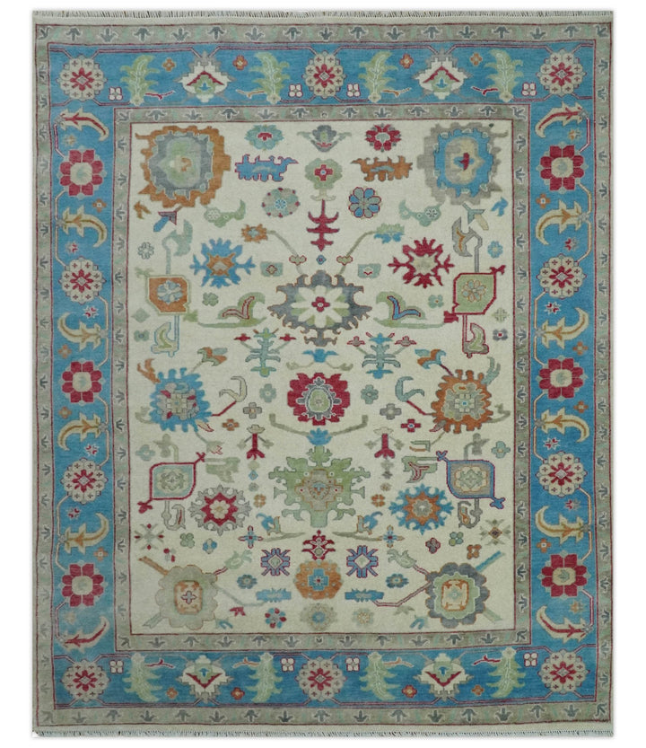 Antique Persian Oushak 8x10 Wool Ivory and Blue Vibrant Colorful Hand knotted Oushak Area Rug | TRDCP1289810 - The Rug Decor