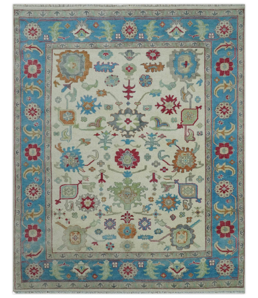 Antique Persian Oushak 8x10 Wool Ivory and Blue Vibrant Colorful Hand knotted Oushak Area Rug | TRDCP1289810 - The Rug Decor