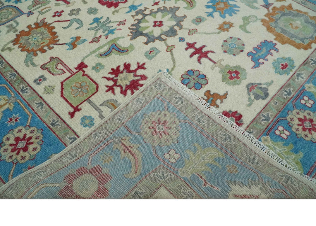 Antique Persian Oushak 8x10 Wool Ivory and Blue Vibrant Colorful Hand knotted Oushak Area Rug | TRDCP1289810 - The Rug Decor