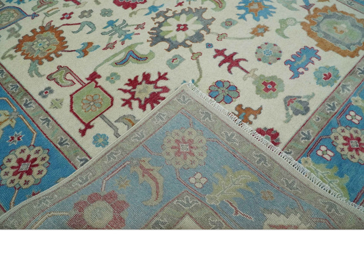 Antique Persian Oushak 8x10 Wool Ivory and Blue Vibrant Colorful Hand knotted Oushak Area Rug | TRDCP1289810 - The Rug Decor