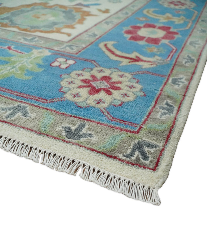 Antique Persian Oushak 8x10 Wool Ivory and Blue Vibrant Colorful Hand knotted Oushak Area Rug | TRDCP1289810 - The Rug Decor