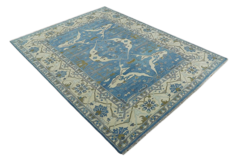 Antique Persian Oushak 9x12 Blue and Beige Hand Knotted Large Wool Area Rug | TRDCP264912 - The Rug Decor