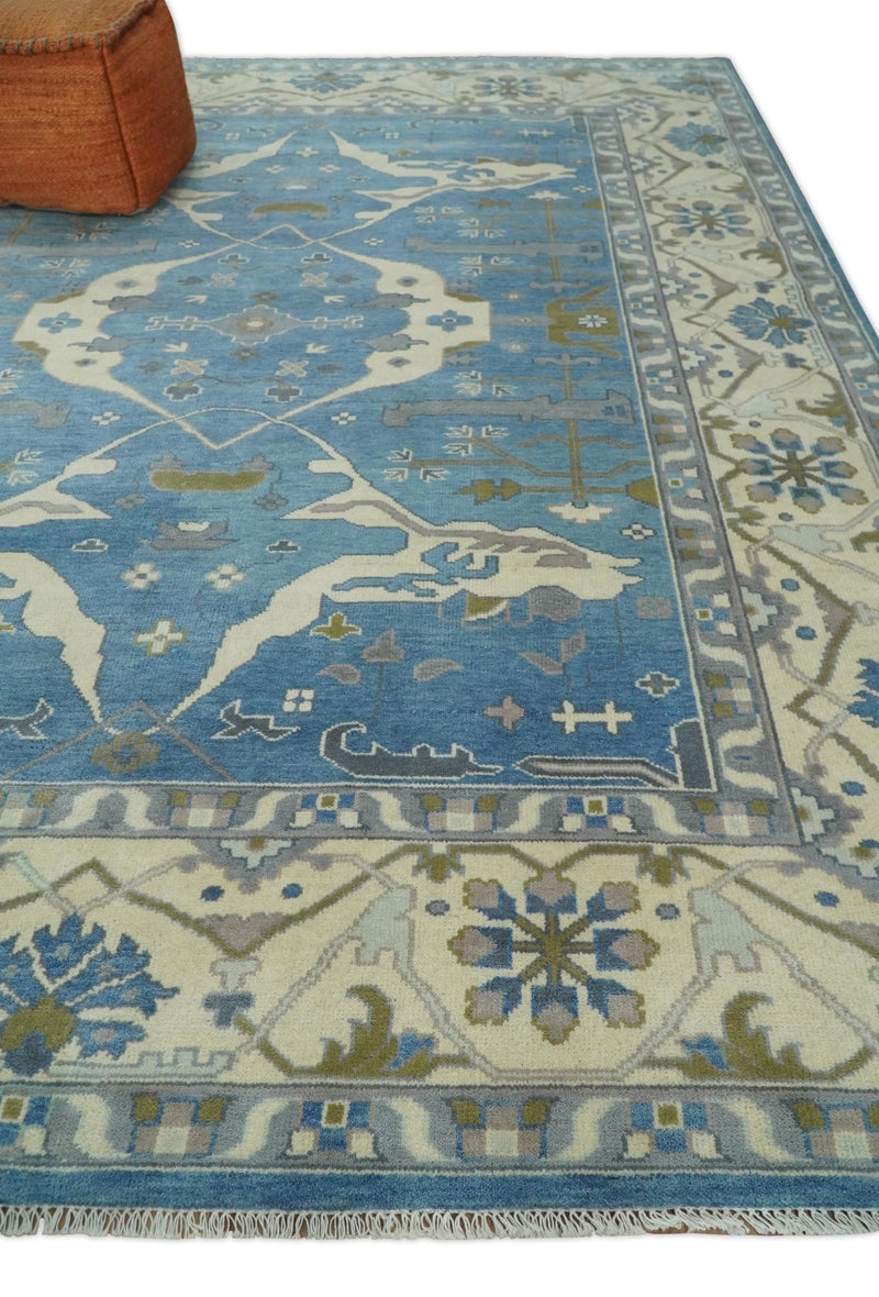 Antique Persian Oushak 9x12 Blue and Beige Hand Knotted Large Wool Area Rug | TRDCP264912 - The Rug Decor