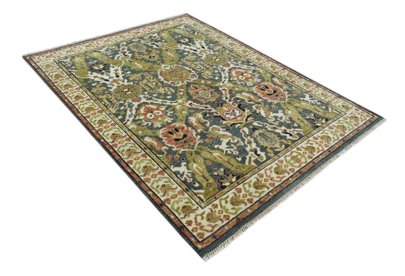Antique Persian Rug Hand knotted 8x10, 9x12, 10x14 and 12x15 Green, Ivory and Gray Traditional Oushak Area Rug | TRDCP985810 - The Rug Decor