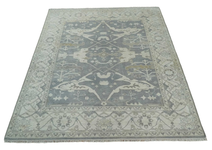 Antique Silver, Ivory and Beige Hand Knotted 8x10 Oriental Oushak Wool Area Rug, Living Room Rug | TRDCP1159810 - The Rug Decor