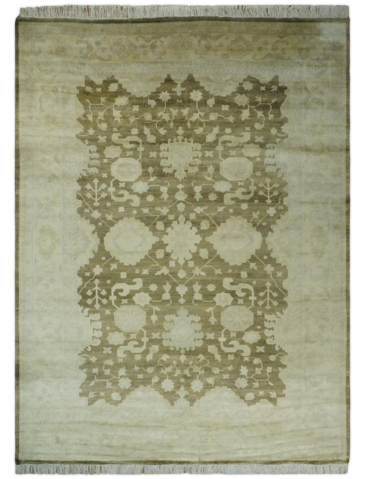 Antique Style 10x14 Hand Knotted Brown and Beige Traditional Oushak Wool Rug, Large Rug | N3751014 - The Rug Decor
