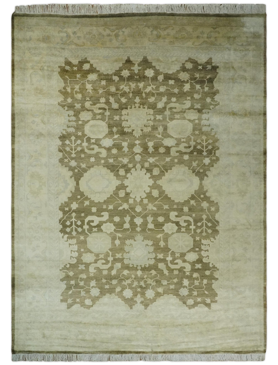 Antique Style 10x14 Hand Knotted Brown and Beige Traditional Oushak Wool Rug, Large Rug | N3751014 - The Rug Decor