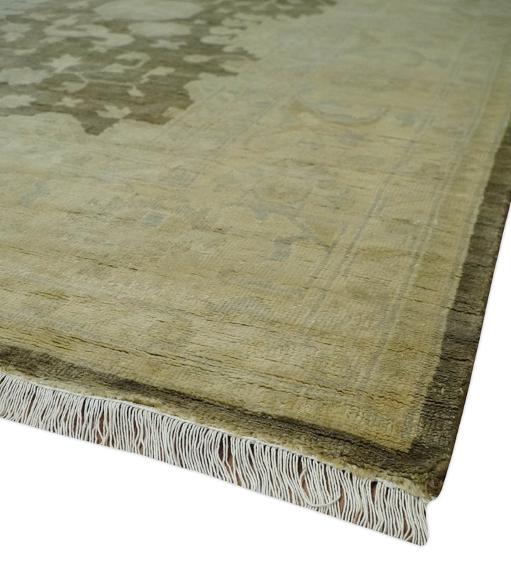 Antique Style 10x14 Hand Knotted Brown and Beige Traditional Oushak Wool Rug, Large Rug | N3751014 - The Rug Decor