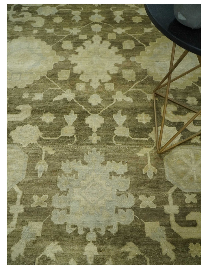 Antique Style 10x14 Hand Knotted Brown and Beige Traditional Oushak Wool Rug, Large Rug | N3751014 - The Rug Decor