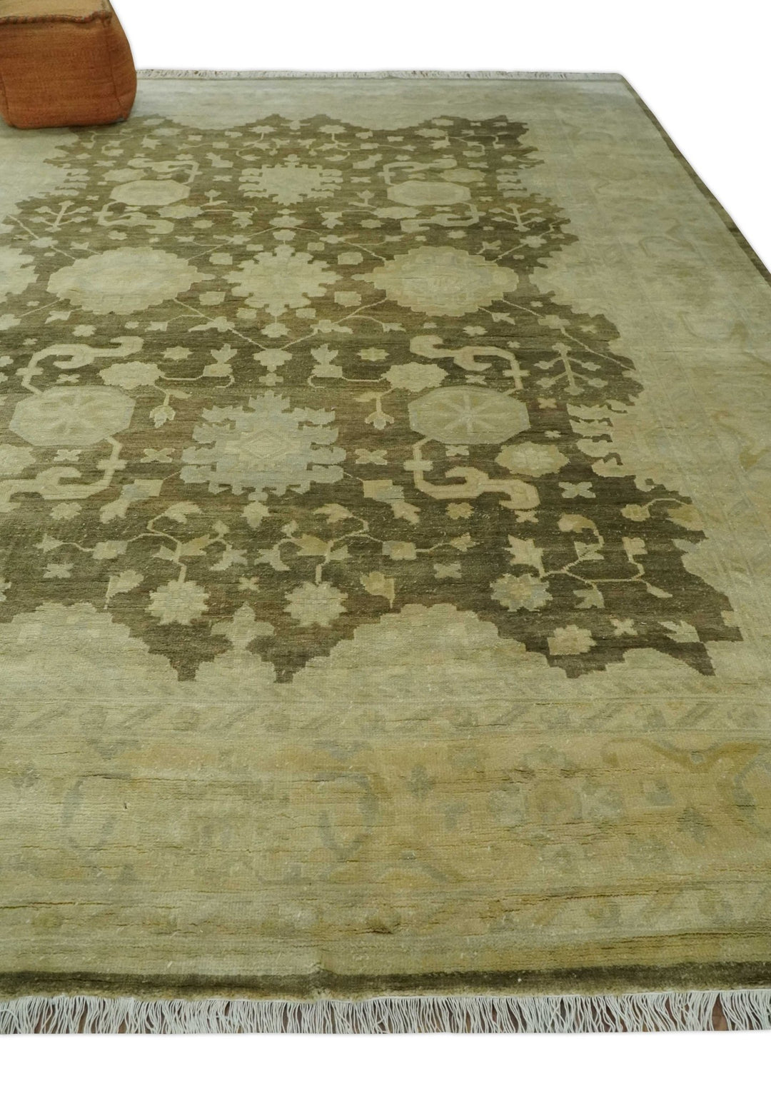 Antique Style 10x14 Hand Knotted Brown and Beige Traditional Oushak Wool Rug, Large Rug | N3751014 - The Rug Decor