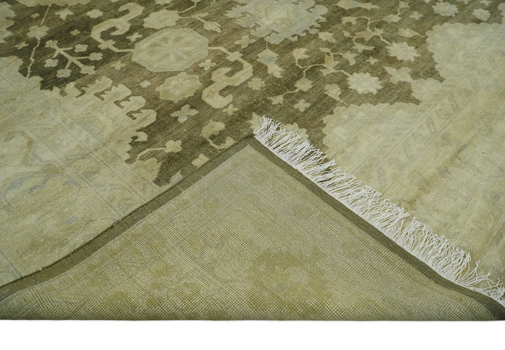 Antique Style 10x14 Hand Knotted Brown and Beige Traditional Oushak Wool Rug, Large Rug | N3751014 - The Rug Decor