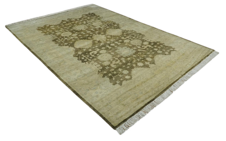 Antique Style 10x14 Hand Knotted Brown and Beige Traditional Oushak Wool Rug, Large Rug | N3751014 - The Rug Decor