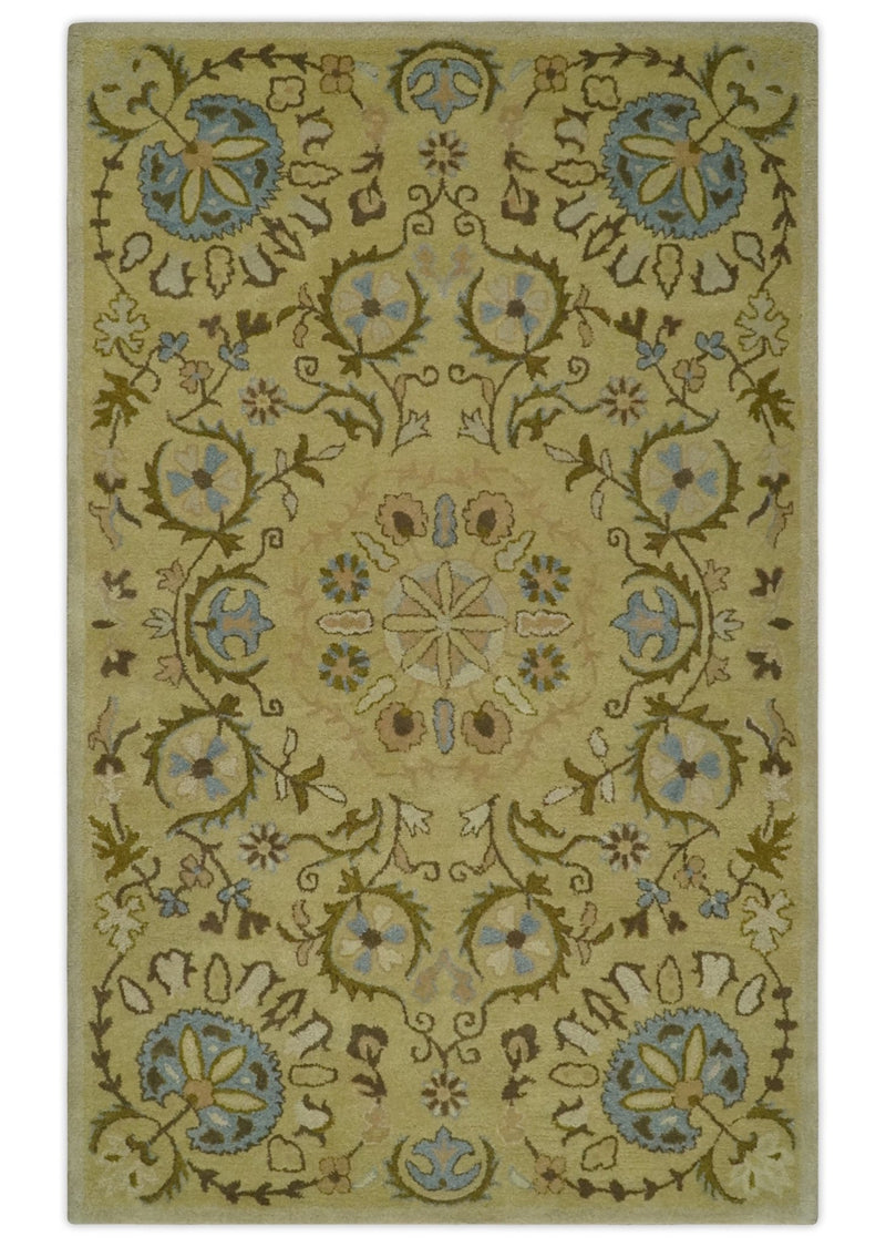 Antique style 5x8 Beige, Olive and Blue Medallion Floral Hand Tufted Wool Area Rug - The Rug Decor
