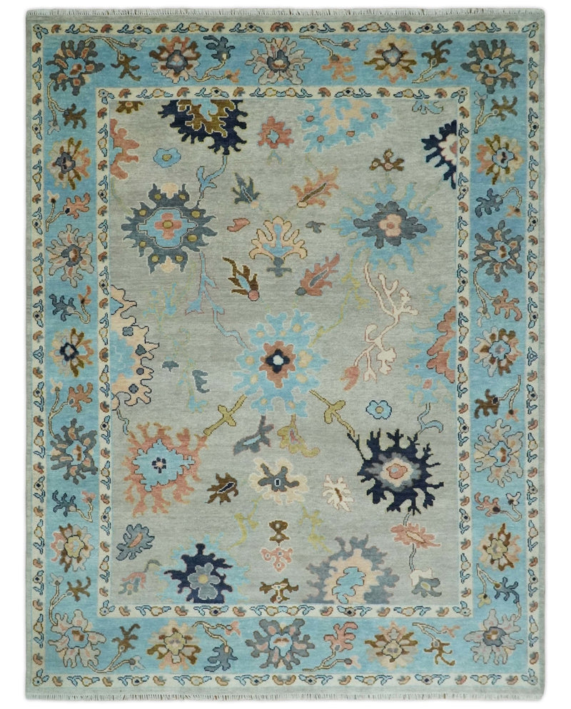 Antique Style 9x12 Wool Traditional Persian Gray and Blue Hand knotted Oushak Area Rug | TRDCP1074912 - The Rug Decor