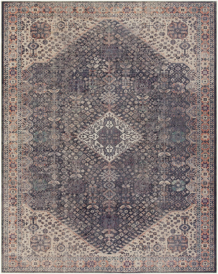 Antique Style and Traditional Design Beige, Dark Purple and Peach Washable Area Rug - The Rug Decor