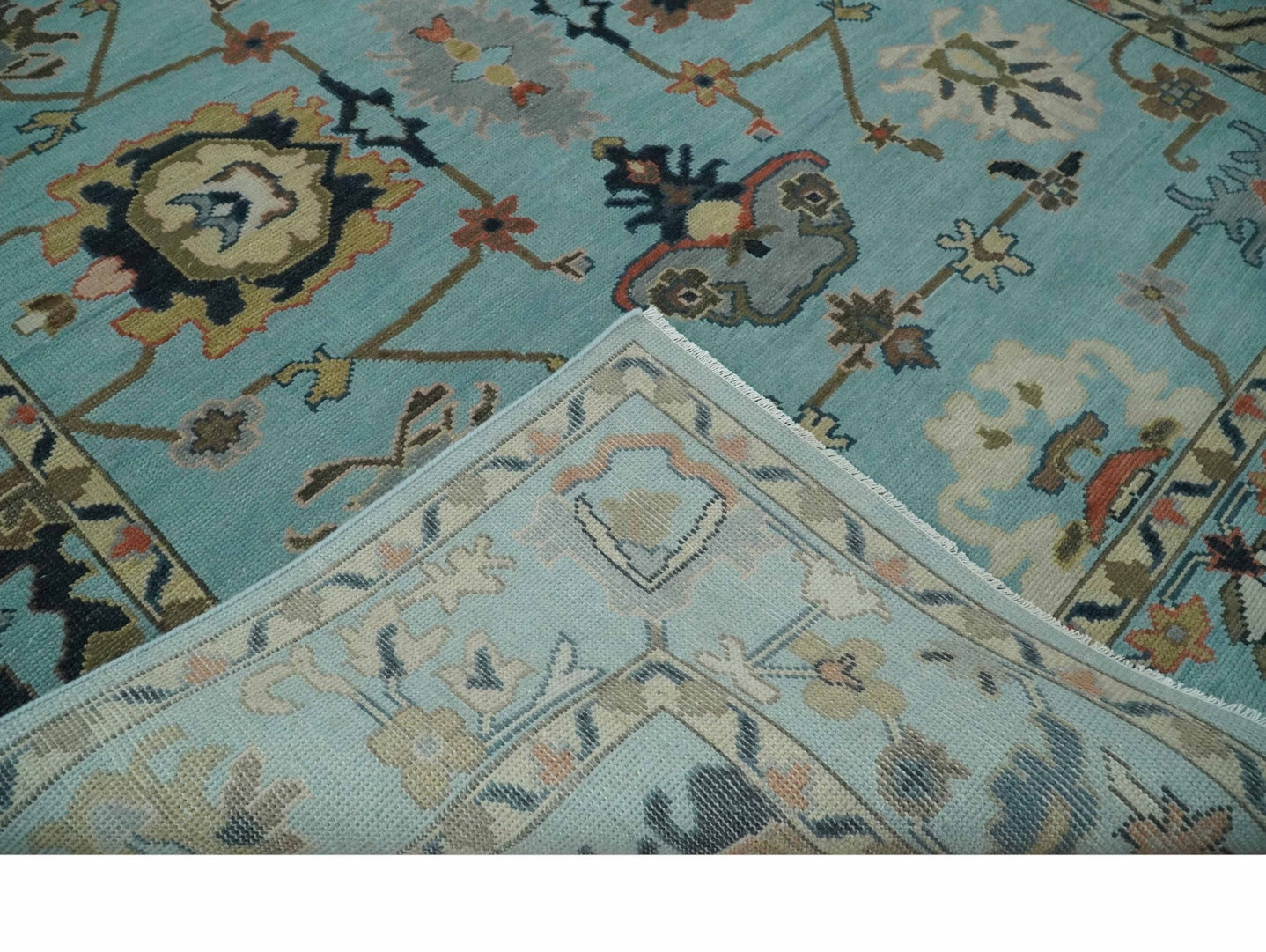 Antique Style Aqua Multi Size Hand Knotted Colorful Traditional Oushak Wool Area Rug - The Rug Decor