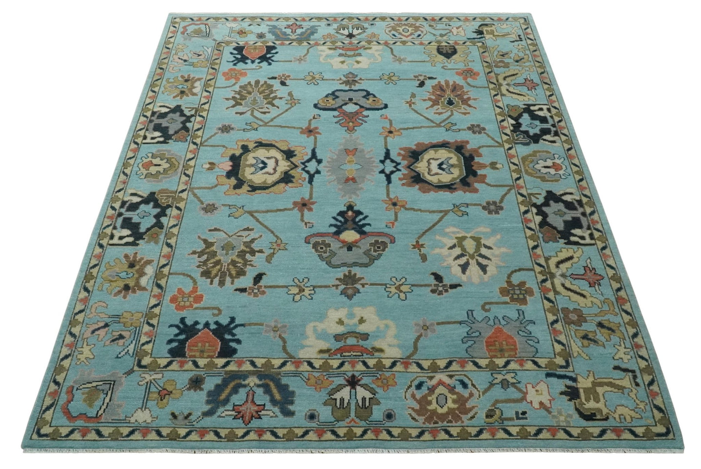 Antique Style Aqua Multi Size Hand Knotted Colorful Traditional Oushak Wool Area Rug - The Rug Decor